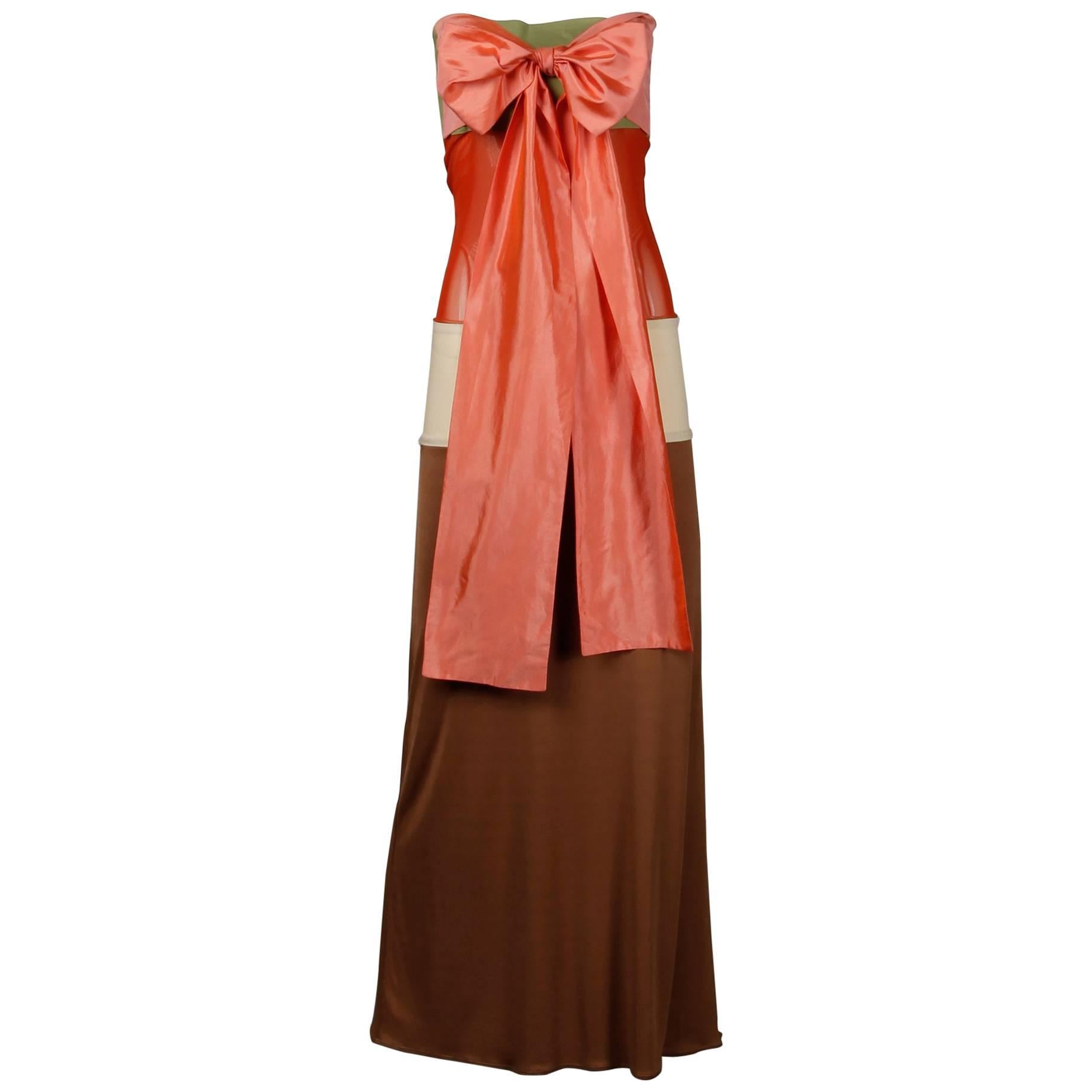 1990s Jean Paul Gaultier Femme Vintage Color Block Strapless Dress with Silk Tie