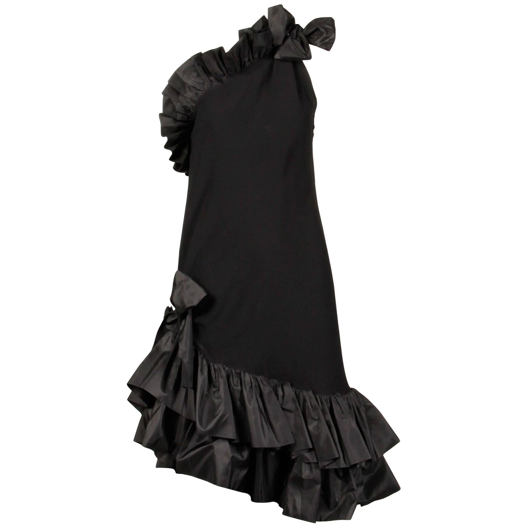 Yves Saint Laurent YSL Rive Gauche Vintage Ruffled Black Evening Dress, 1980s 