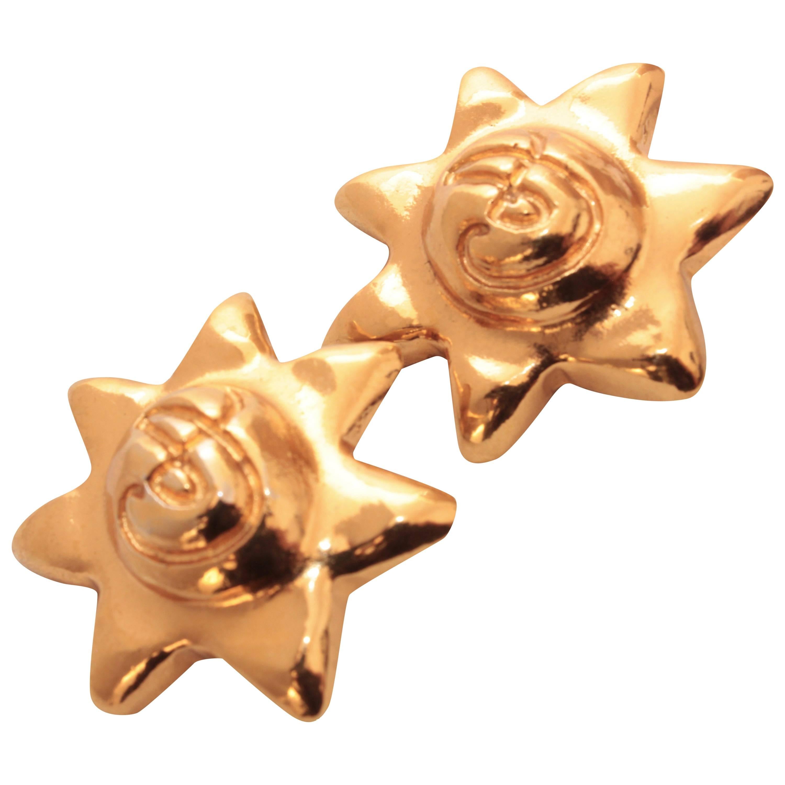 Christian Lacroix Chunky Gold Metal Star Earrings Statement Clip Style 1980s