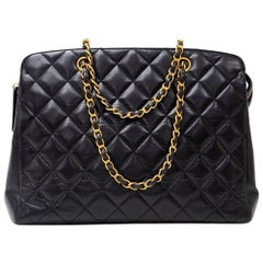 Vintage Chanel 12" Black Quilted Leather Medium Tote Hand Bag