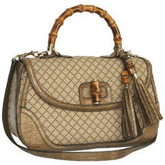 Vintage GUCCI 'Bamboo'Bag in Embroidered Beige and Brown Canvas and Beige Crocodile