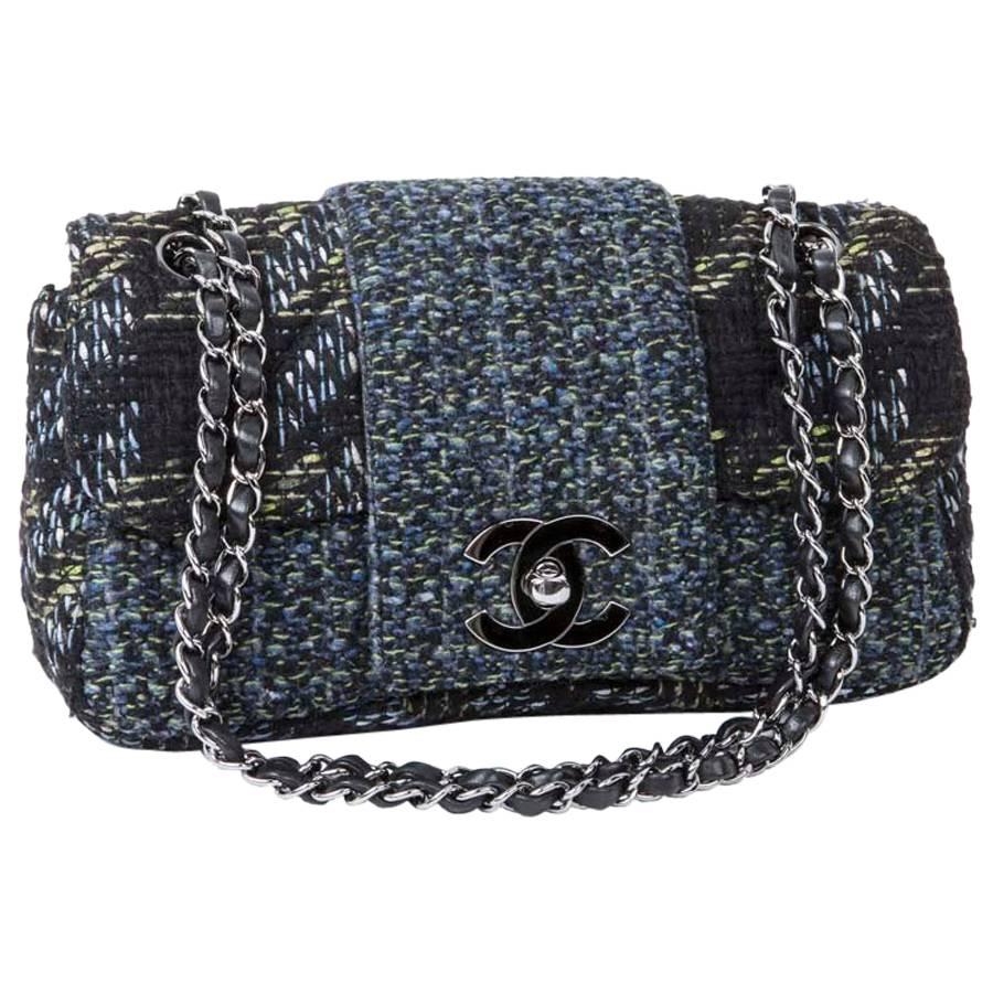 CHANEL Flap Bag in Black and Blue Green Tweed with Shiny Threads