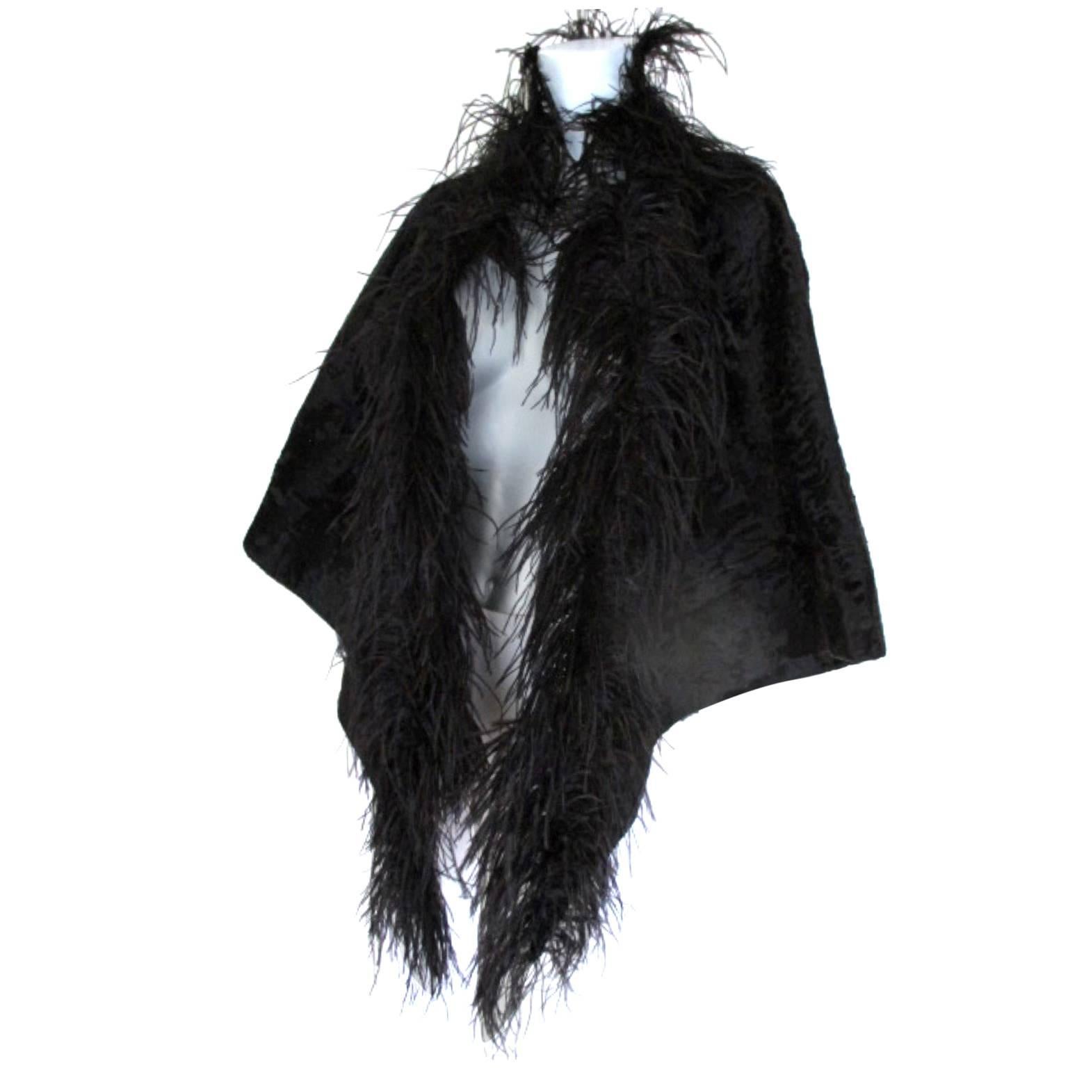 Black Broadtail Lamb Fur Stole with Ostrich Feathers For Sale at 1stDibs