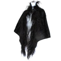 Vintage Black Broadtail Lamb Fur Stole with Ostrich Feathers