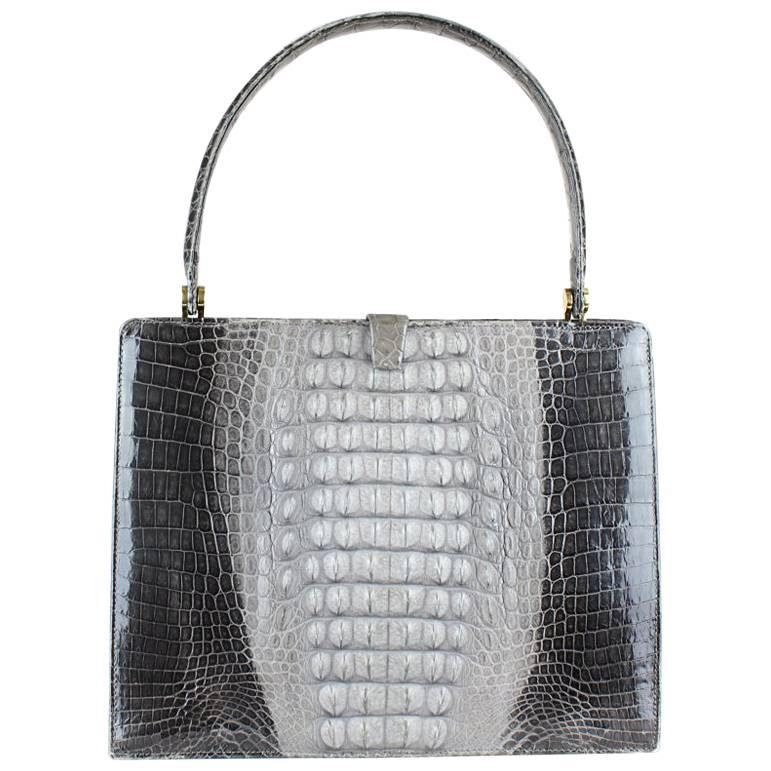 Shades Of Grey Crocodile Print Leather Top Handle Bag Matching Mirror, 1960s