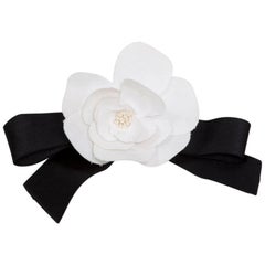 CHANEL blue striped ribbon and white CAMELLIA Bow Brooch