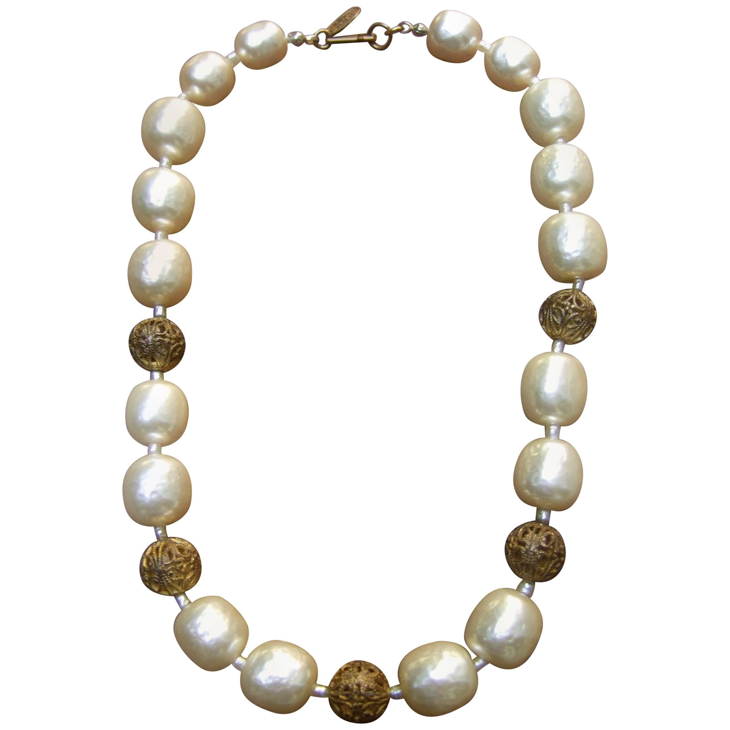 Miriam Haskell Elegant Baroque Glass Enamel Pearl Choker Necklace c 1950s