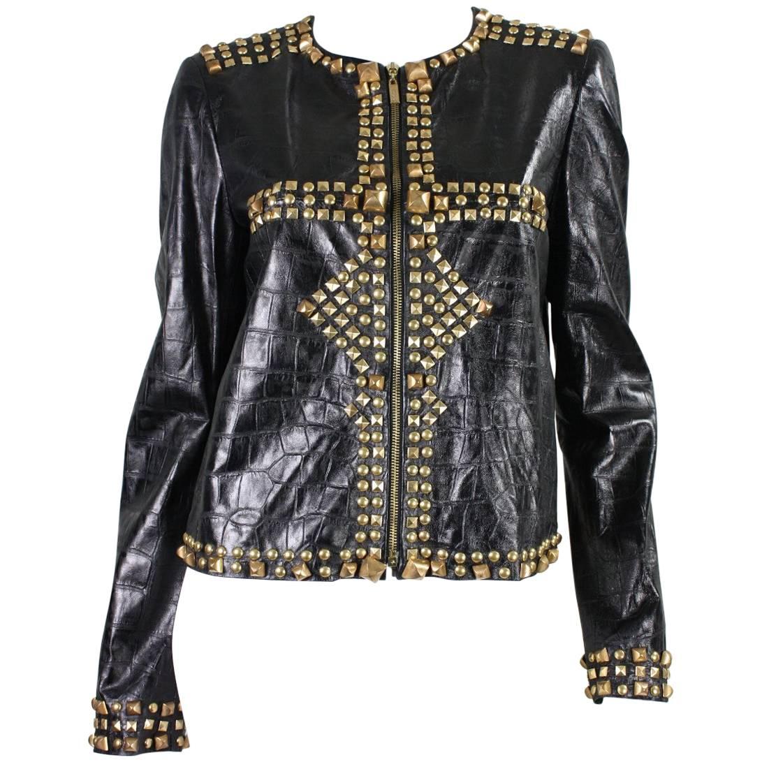 Roberto Cavalli Studded and Embossed Leather Jacket For Sale