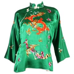 1940's Chinese Emerald Green Silk Blouse with Embroidery