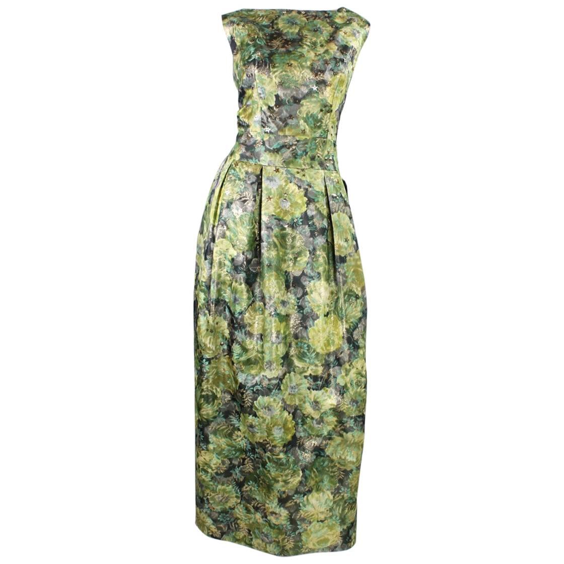 1960
s Green Floral Jacquard Lame Gown For Sale