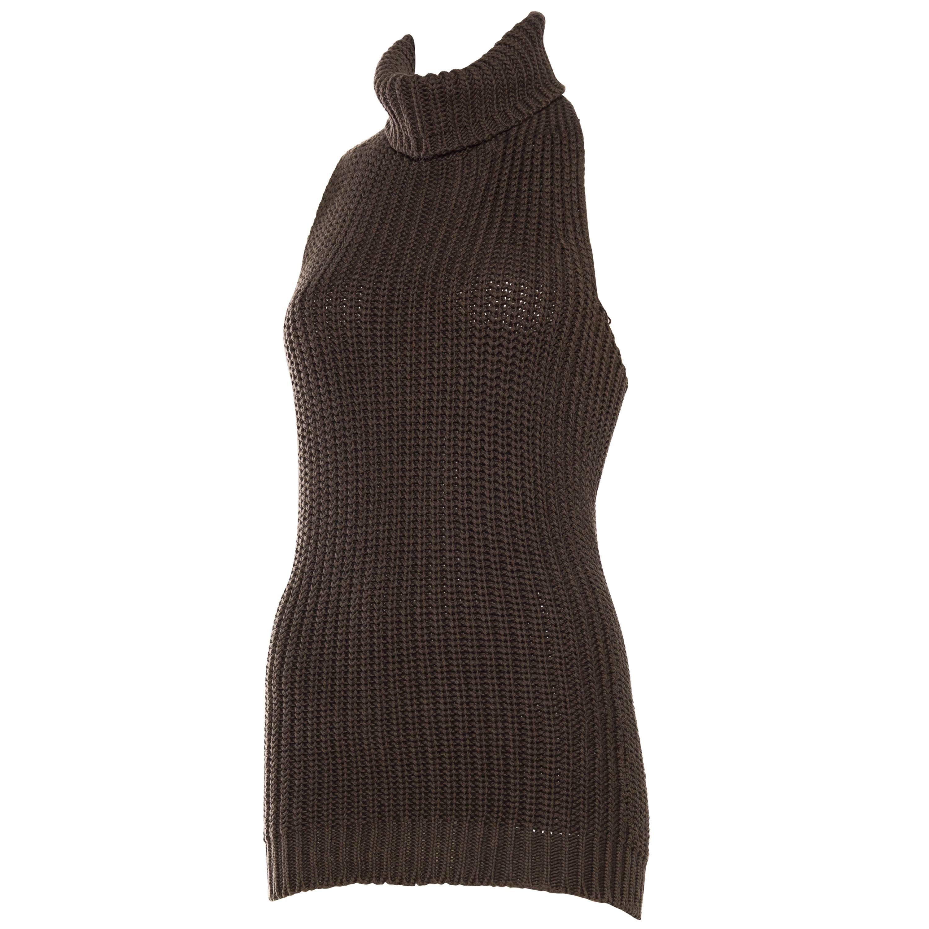 1990S Cotton Backless Knit Cowl Neck Halter Top Mini Dress