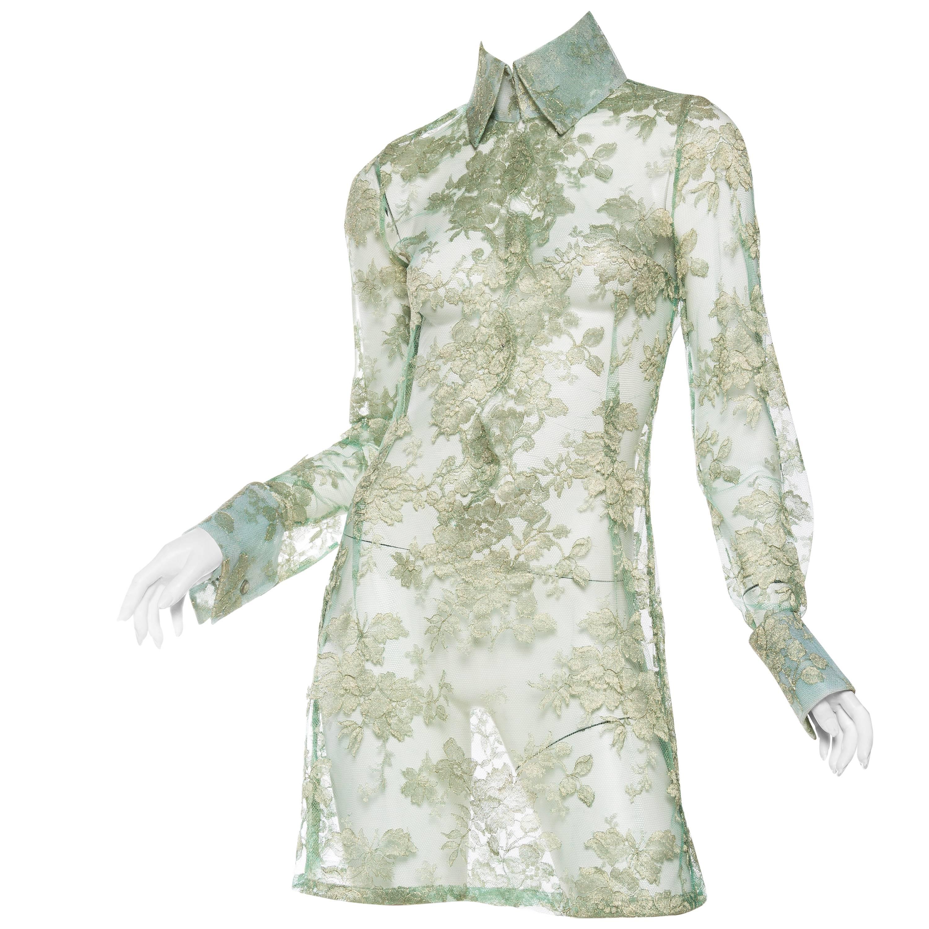 1990S DOLCE & GABBANA Mint Green Sheer Silk Lurex Chantilly Lace Shirt Dress