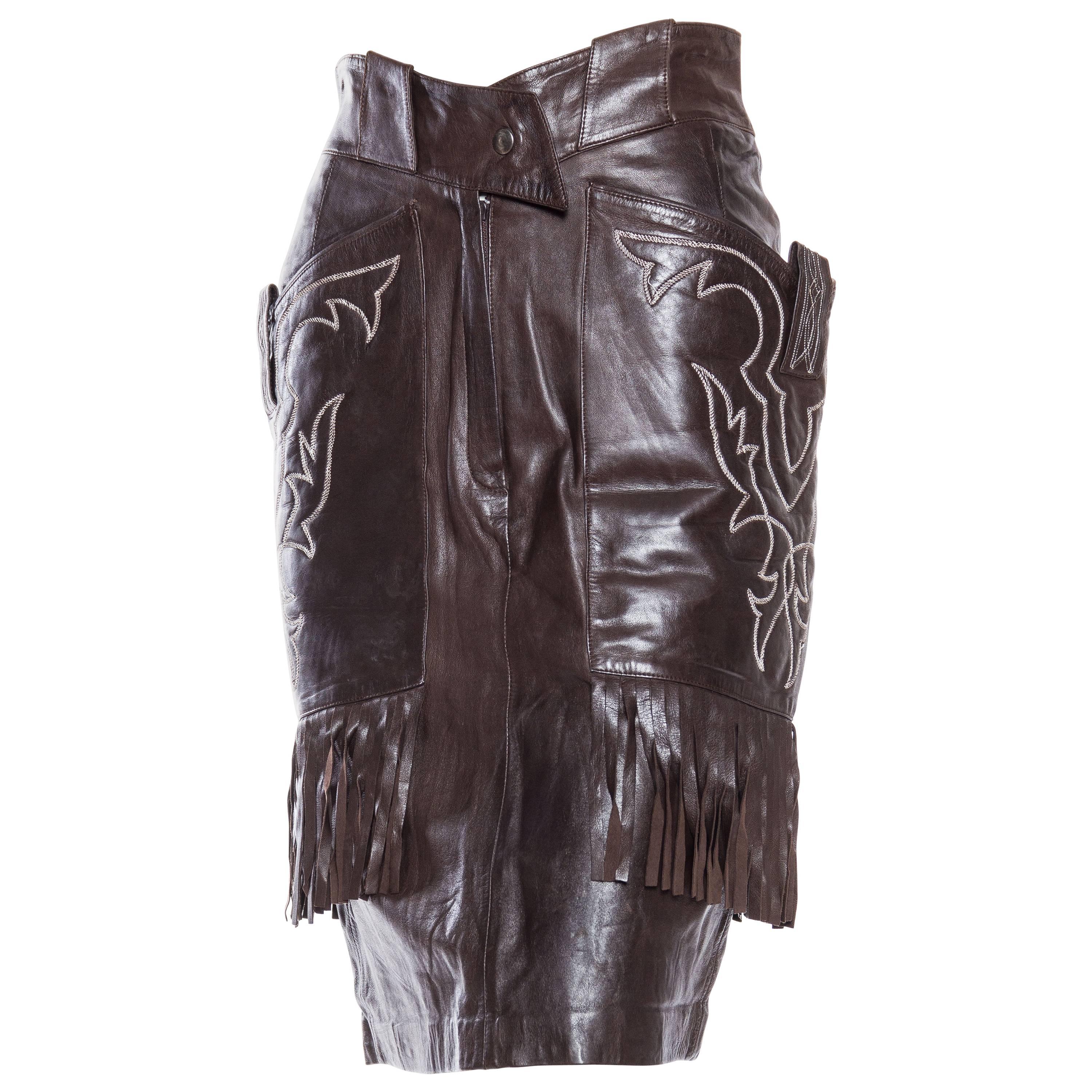 Famous Claude Montana Western Leather Skirt with Fringe