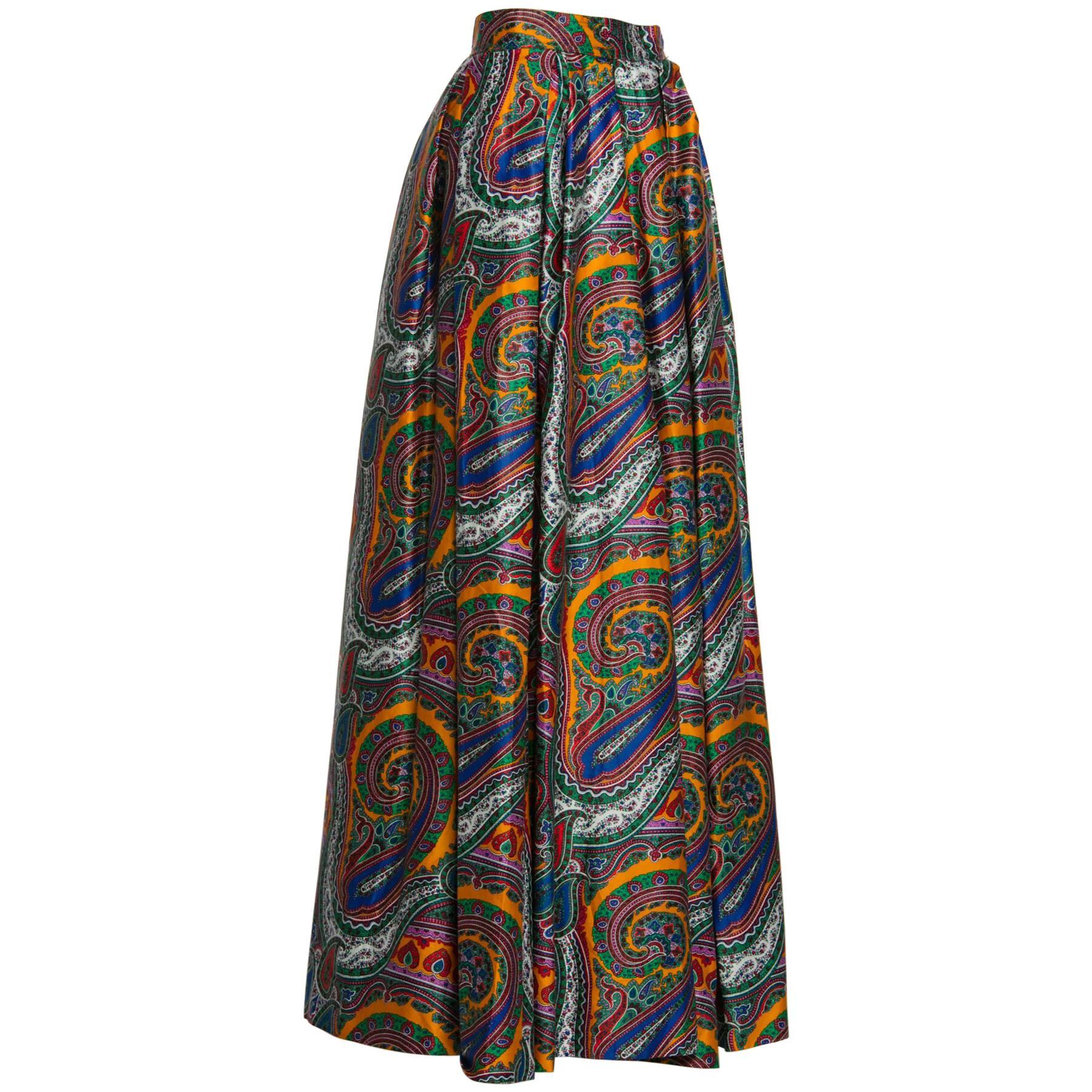 1970s Yves Saint Laurent High Waist Cotton Paisley Peasant Maxi Skirt  2