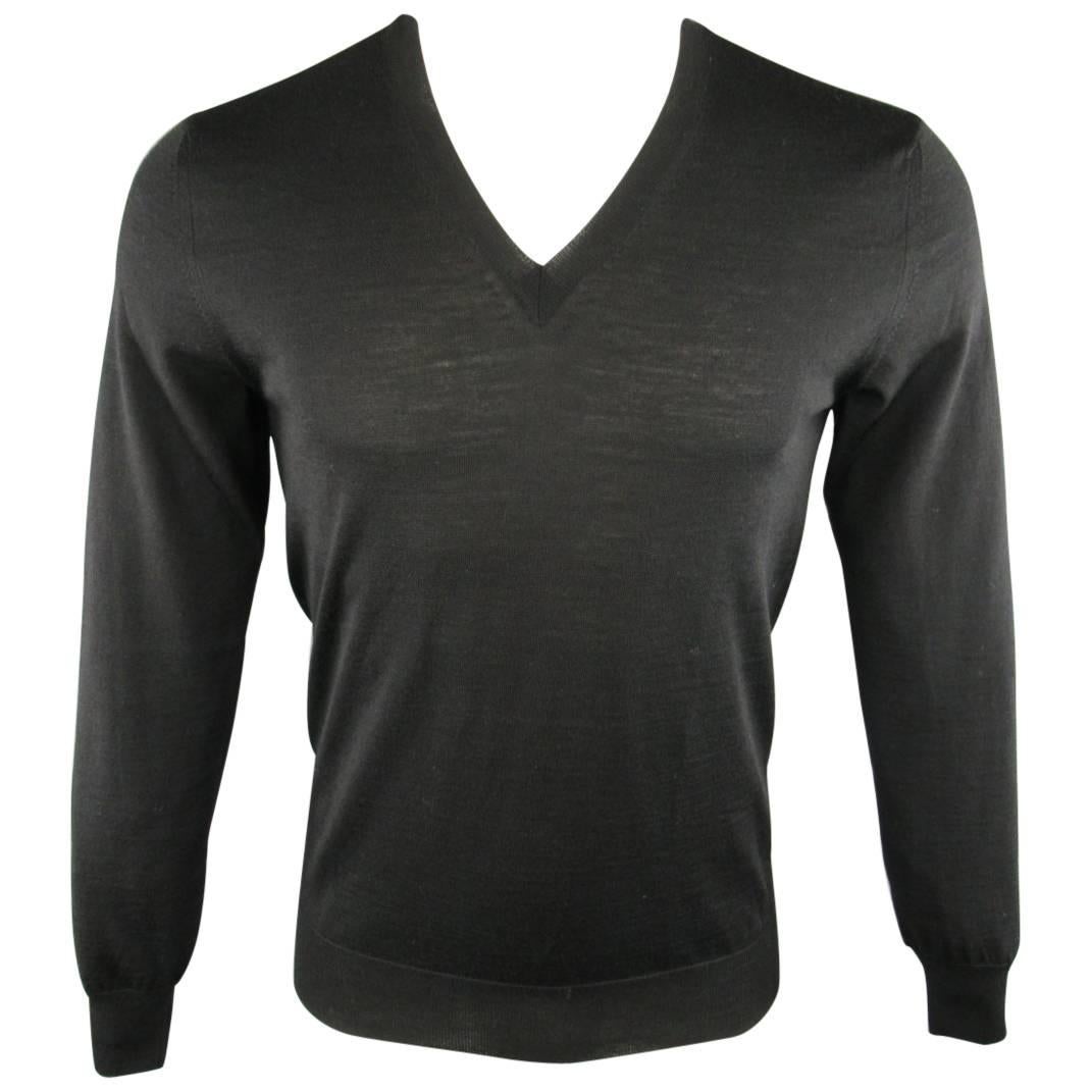 Men's ALEXANDER MCQUEEN Size S Black Solid Wool V Neck Pullover Sweater