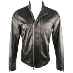 Men
s JOHN VARVATOS 38 Black Wrinkle Leather High Collar Biker Jacket