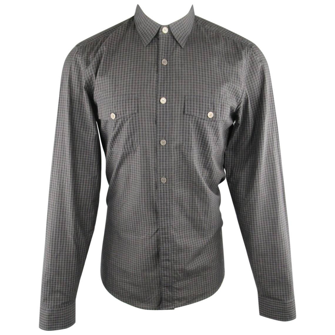 GUCCI Size M Grey & Black Checkered Plaid Cotton Blend Long Sleeve Shirt