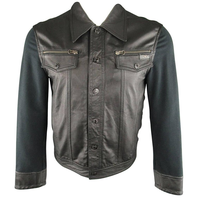 Men''s EMPORIO ARMANI M Black Leather Front Trucker Jacket at 1stDibs | armani  leather jacket mens