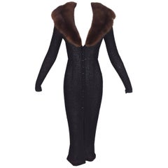 S/S 1997 Dolce & Gabbana Sheer Knit 40's Pin-Up Sweater Dress Sable Fur 38 XS