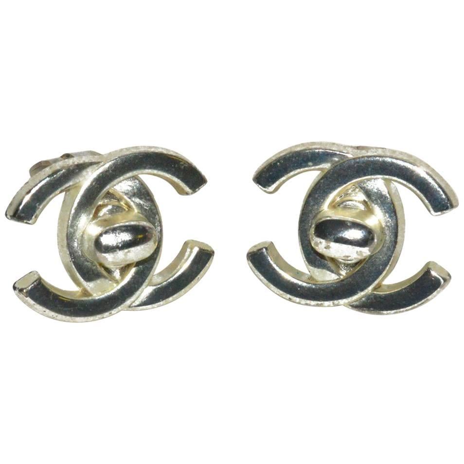 Large Silver Chanel Logo Ear Clips