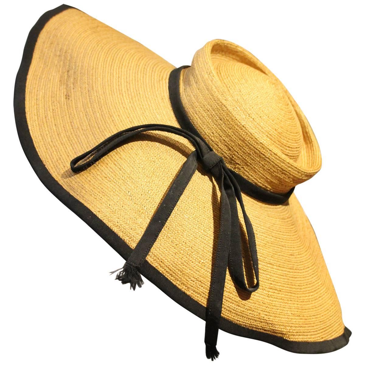 1950s Helene Dietsch Couture Wide Brim Straw Hat with Grosgrain Trim and Band