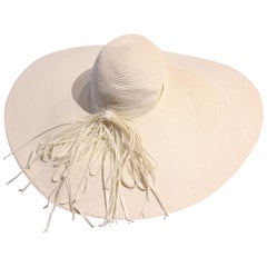 1940s Huge Custom-Made White Milanese Straw Hat w Straw Braid Bow