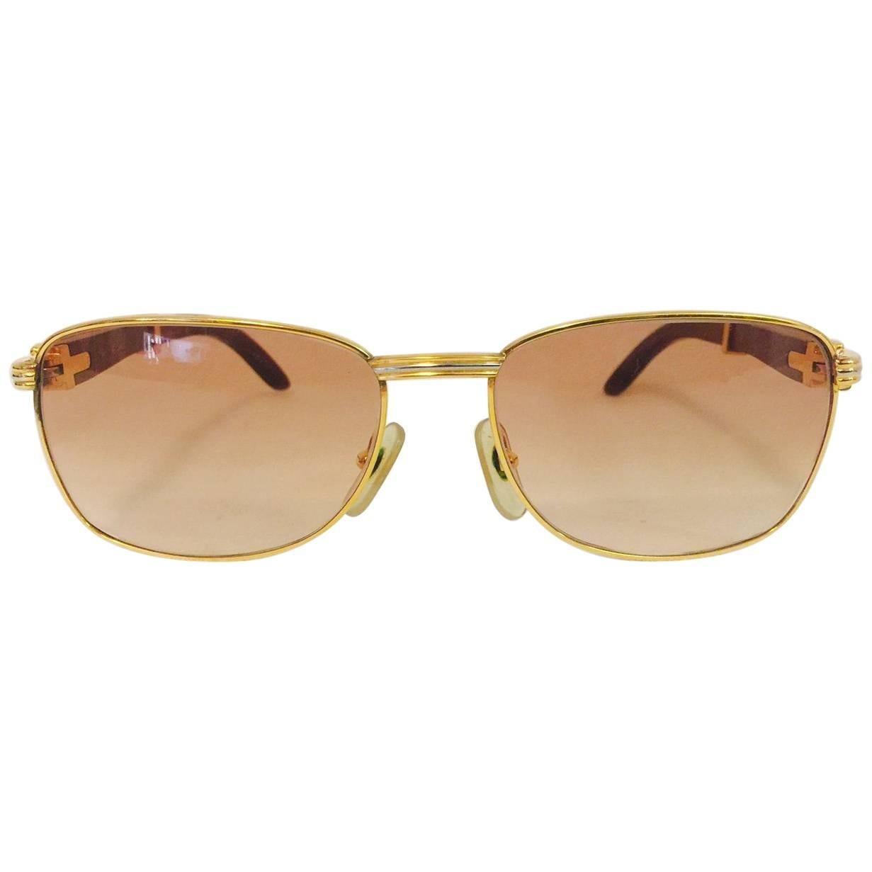  Coveted and Current Cartier Vintage Monceau Sunglasses 18K Gold & Wood For Sale