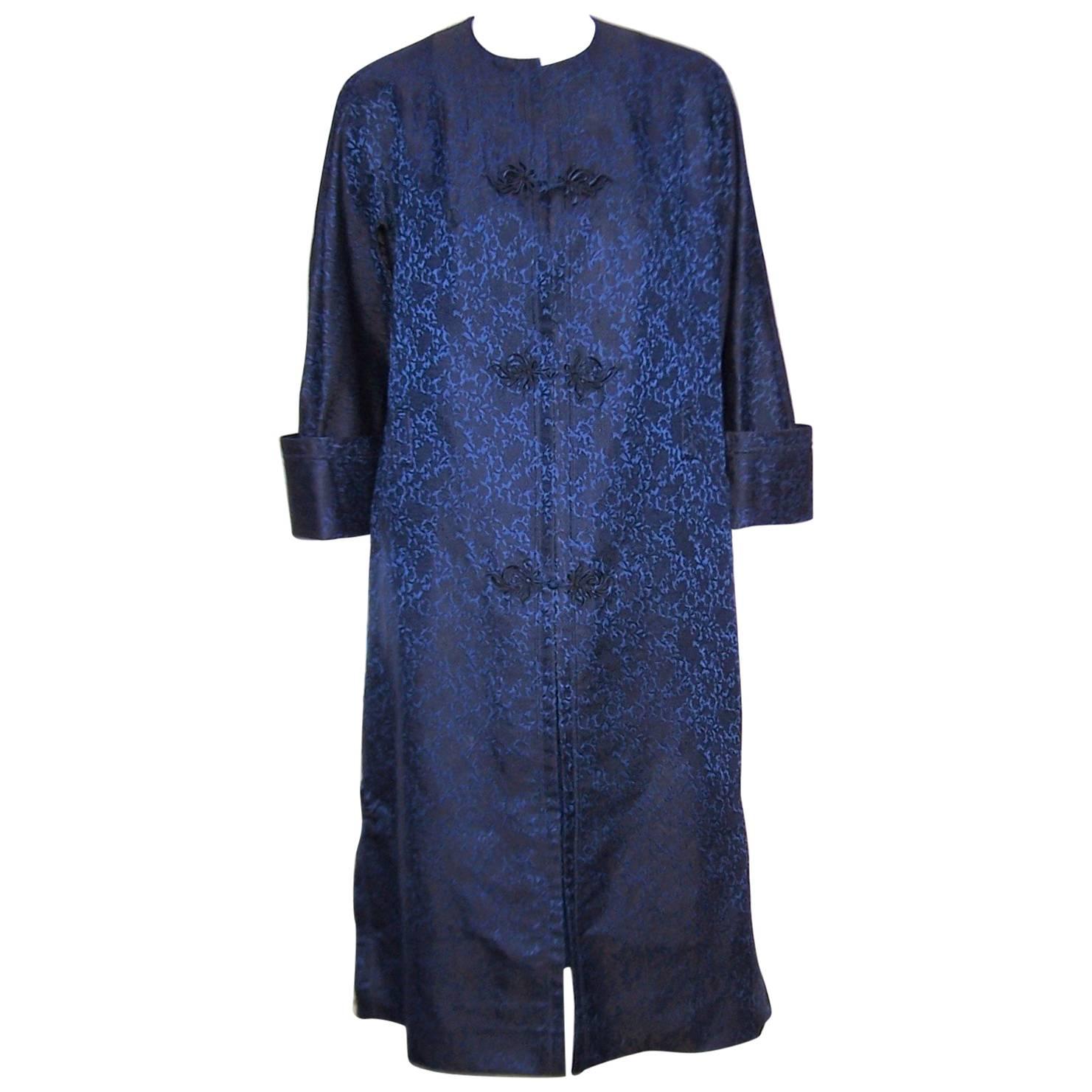 C.1950 Mandarin Style Black & Blue Jacquard Evening Coat