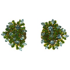 Miriam Haskell Aqua and Green Flower Head Ear Clips