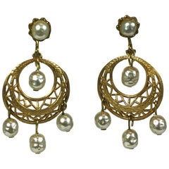 Miriam Haskell Pearl and Gilt Hoop Earclips