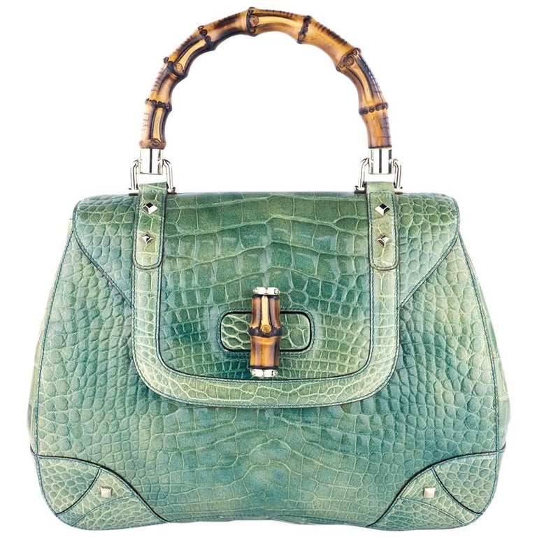 Gucci Mint Green Alligator Handbag with Bamboo Hardware For Sale