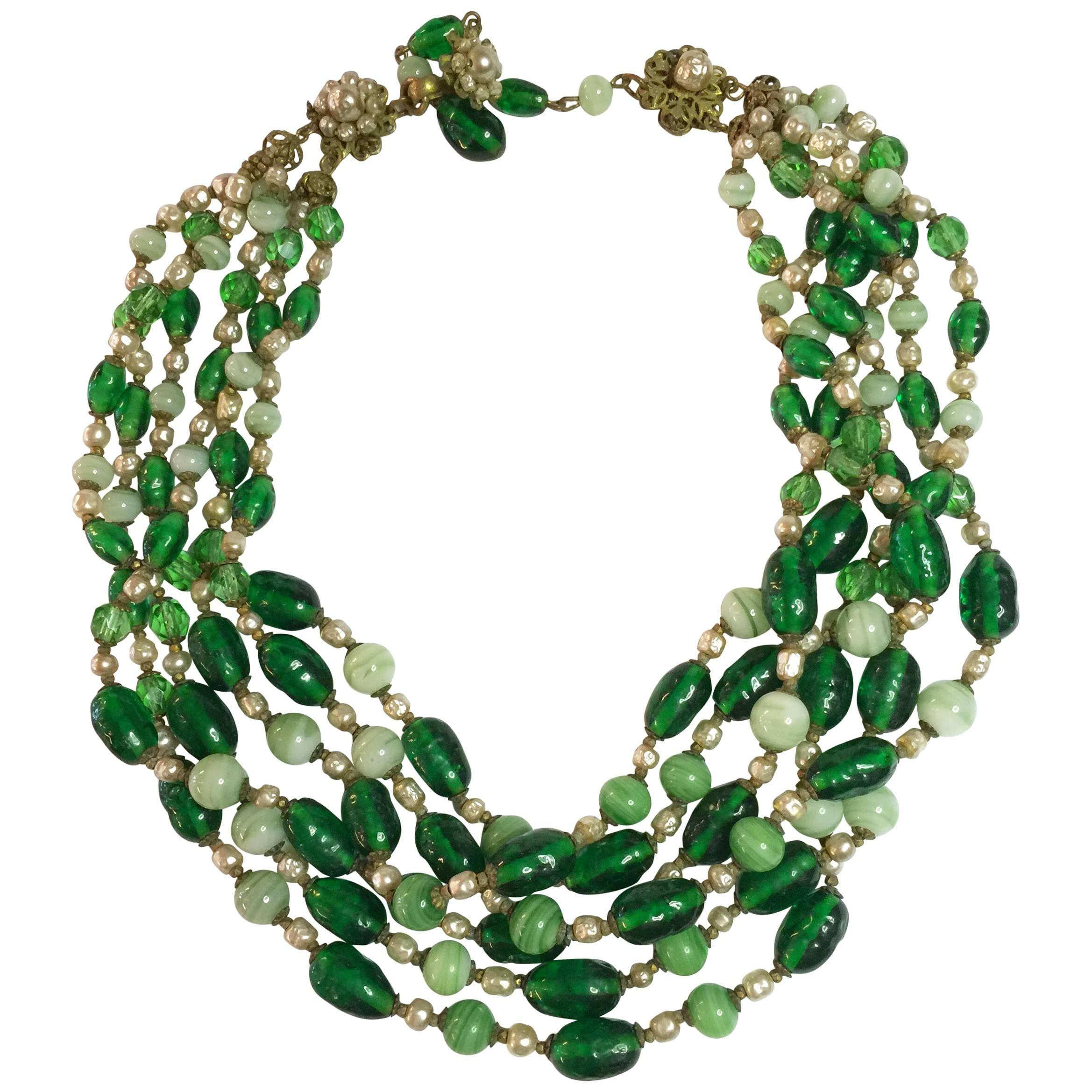MIRIAM HASKELL Multistrand Faux Emerald Baroque Pearl Necklace