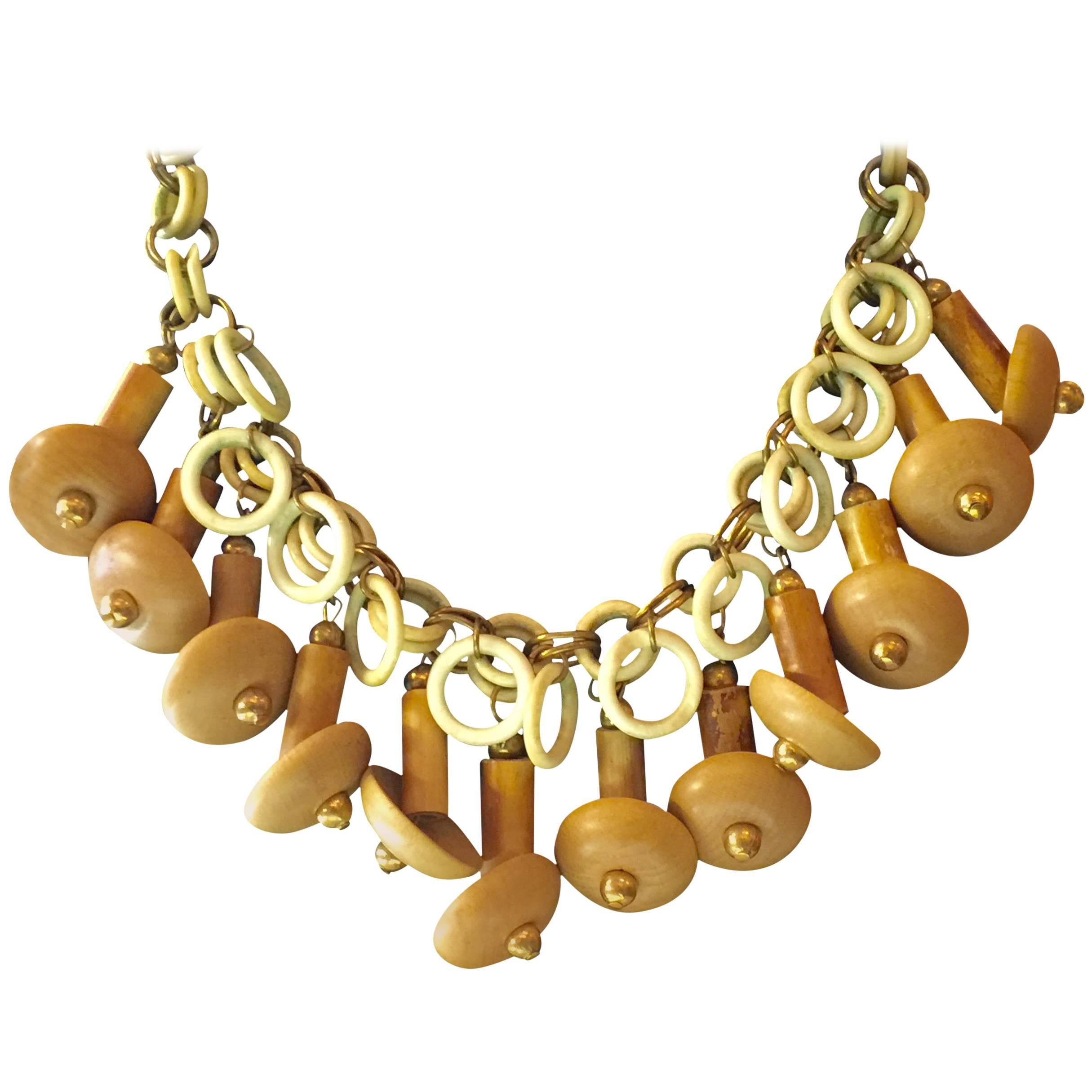 MIRIAM HASKELL Wood Brass Celluloid Naturalistic Necklace For Sale