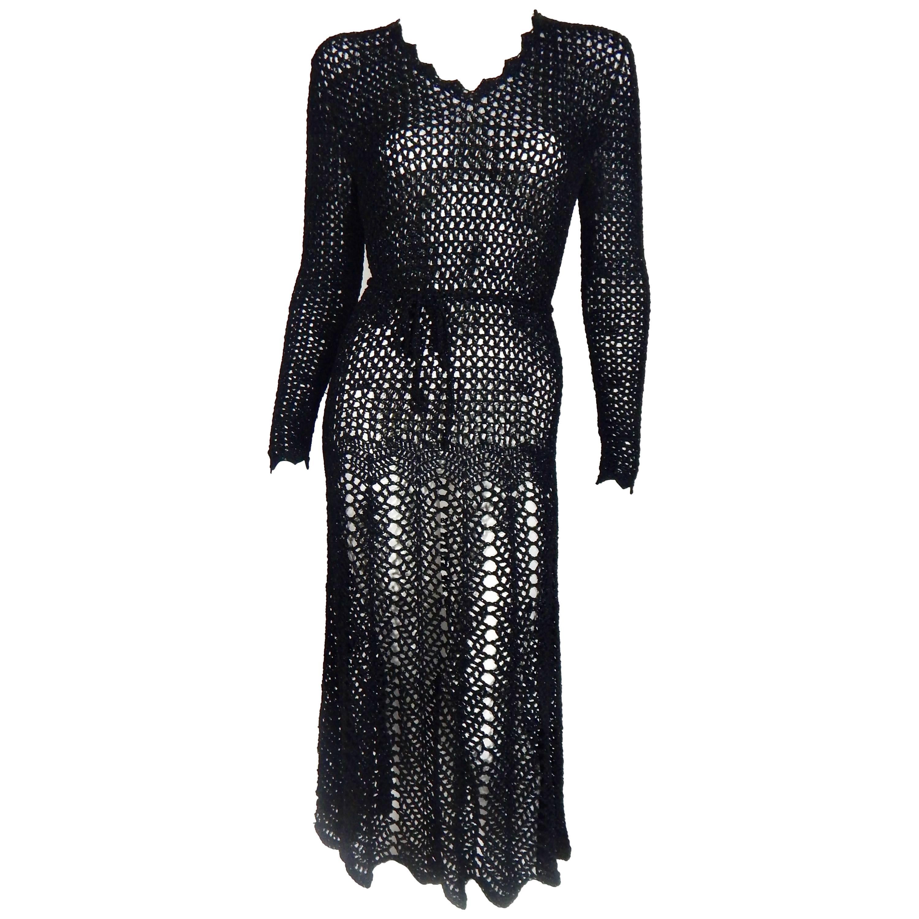 1920s Black Crochet Vintage Dress For Sale