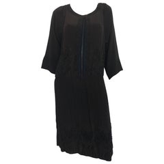 Used Beaded Black / Blue / Brown Silk Crepe Flapper Dress, 1920s 