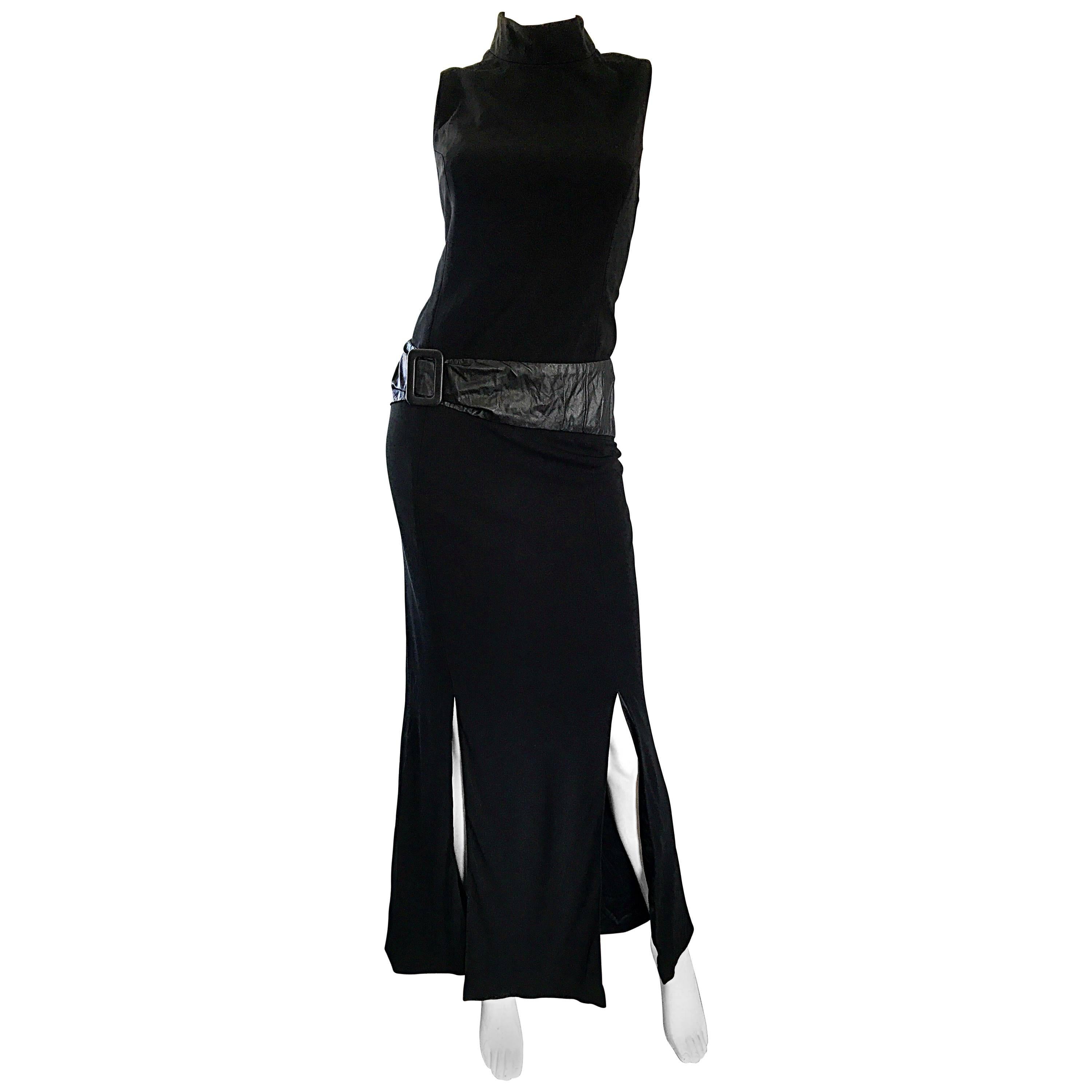 C.D Greene 1990s Plus Size 16 - 18 Black Rayon + Leather High Neck Evening Dress For Sale