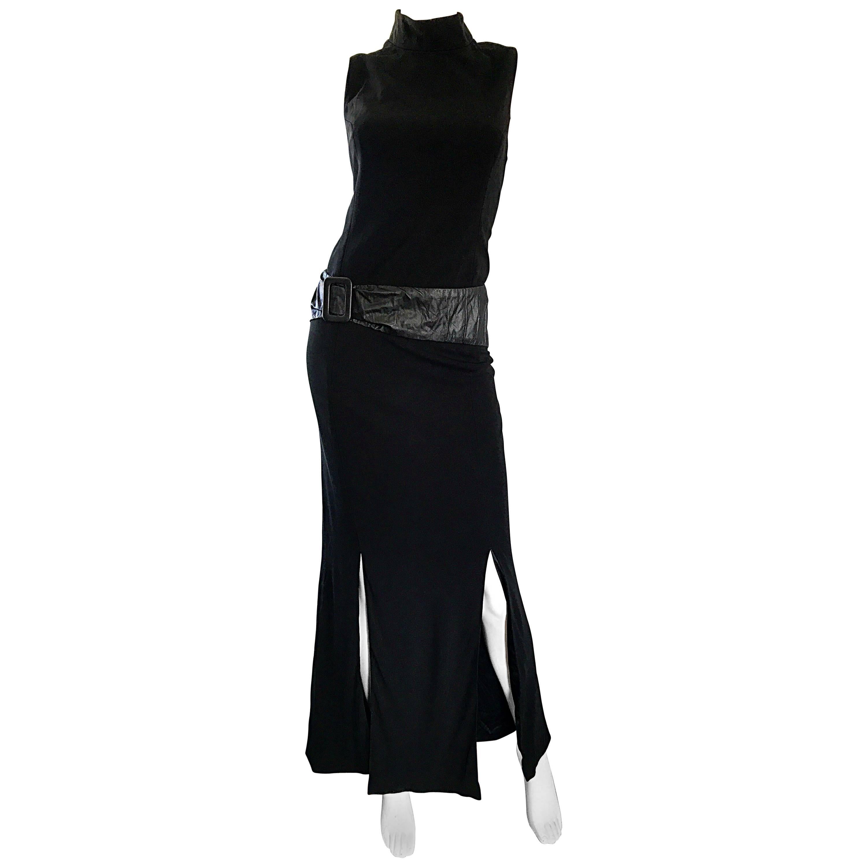 C.D Greene 1990s Tallas Grandes 16 - 18 Rayón Negro + Piel Vestido de Noche Cuello Alto en venta