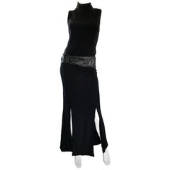 C.D Greene 1990s Plus Size 16 - 18 Black Rayon + Leather High Neck Evening Dress