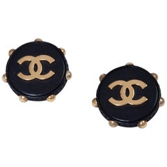 Vintage Rare Chanel Leather & Metal Studs Clip-On Earrings 