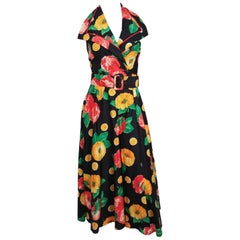 Vintage 1970s Tropical Print Halter Neck Maxi Dress