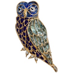 Pate de Verre Collection Blown Glass and Gold Owl Pin