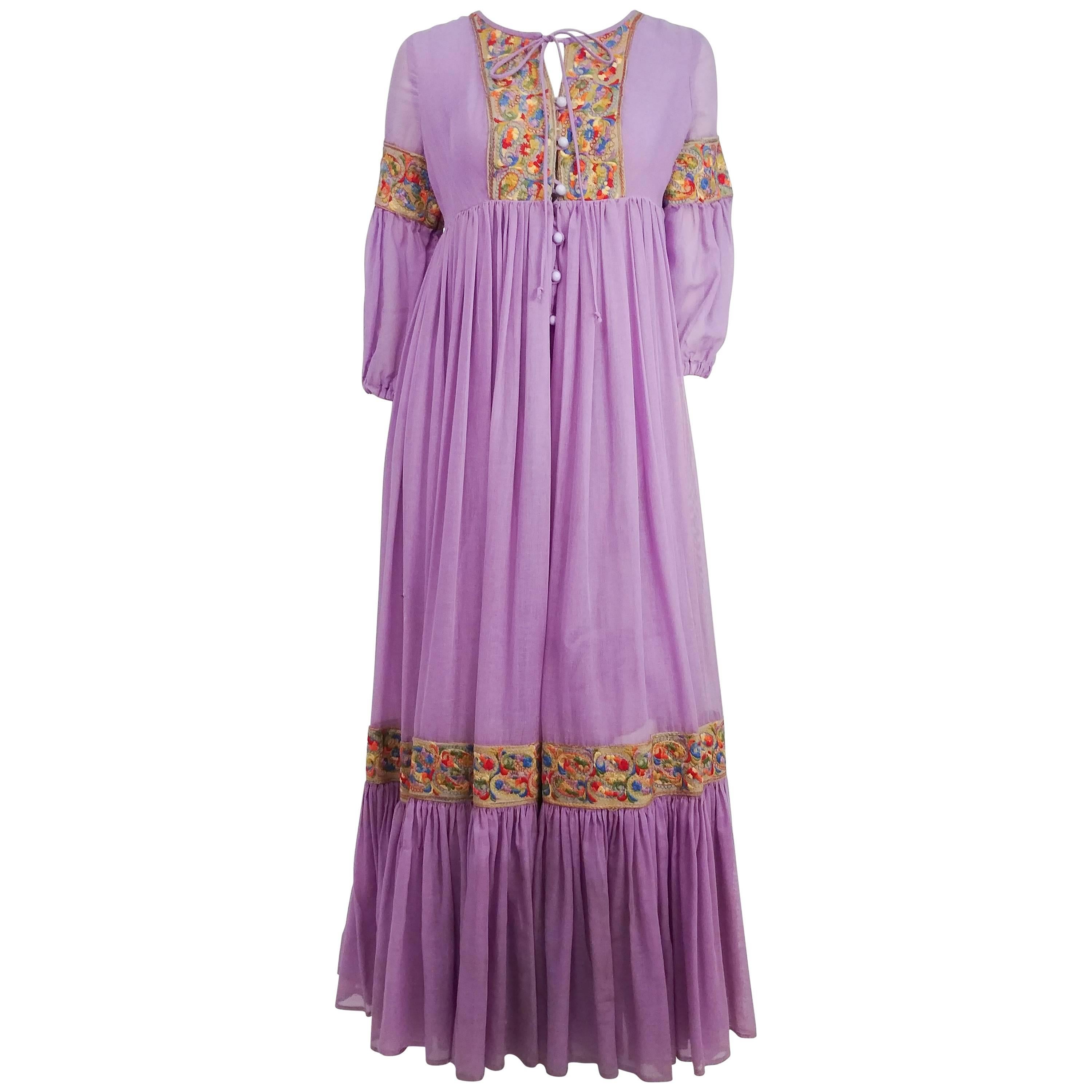 1960s Lavender Boho Maxi Dress w/ Embroidered Ribbon Trim