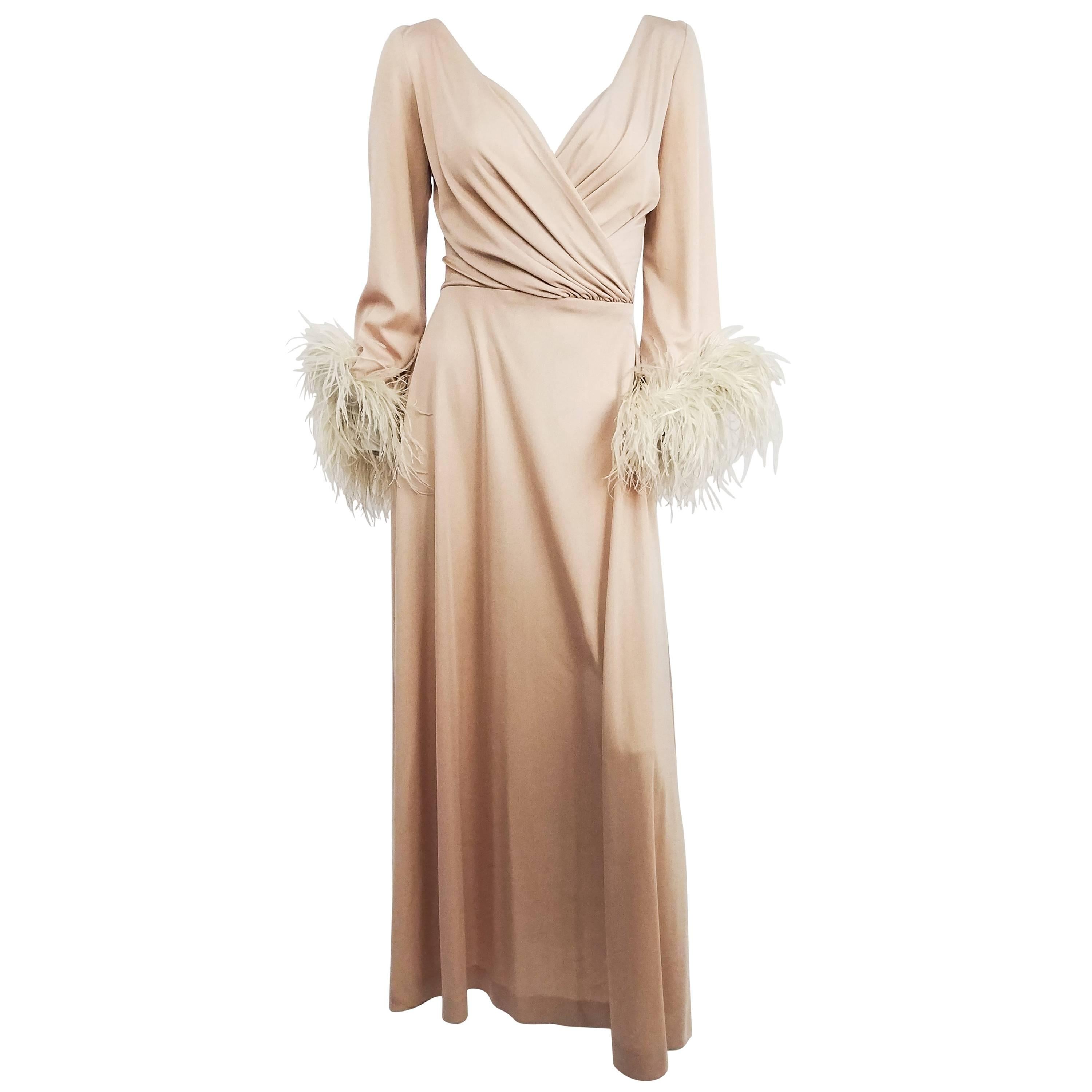 1970s Lilli Diamond Nude Wrap-Style Dress with Feather Trim 