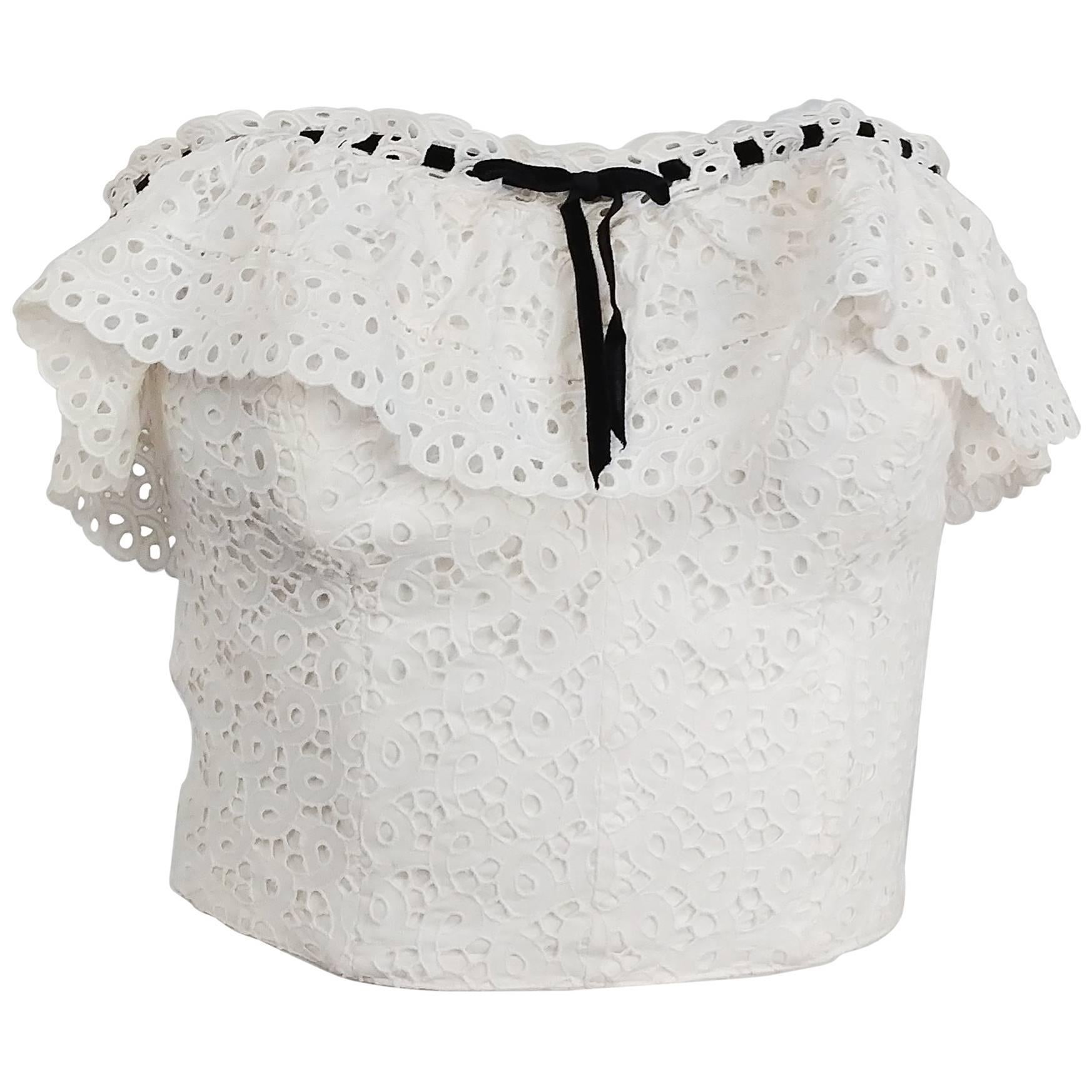 1950s White Cotton Eyelet Lace Bustier Top w/ Ruffle For Sale