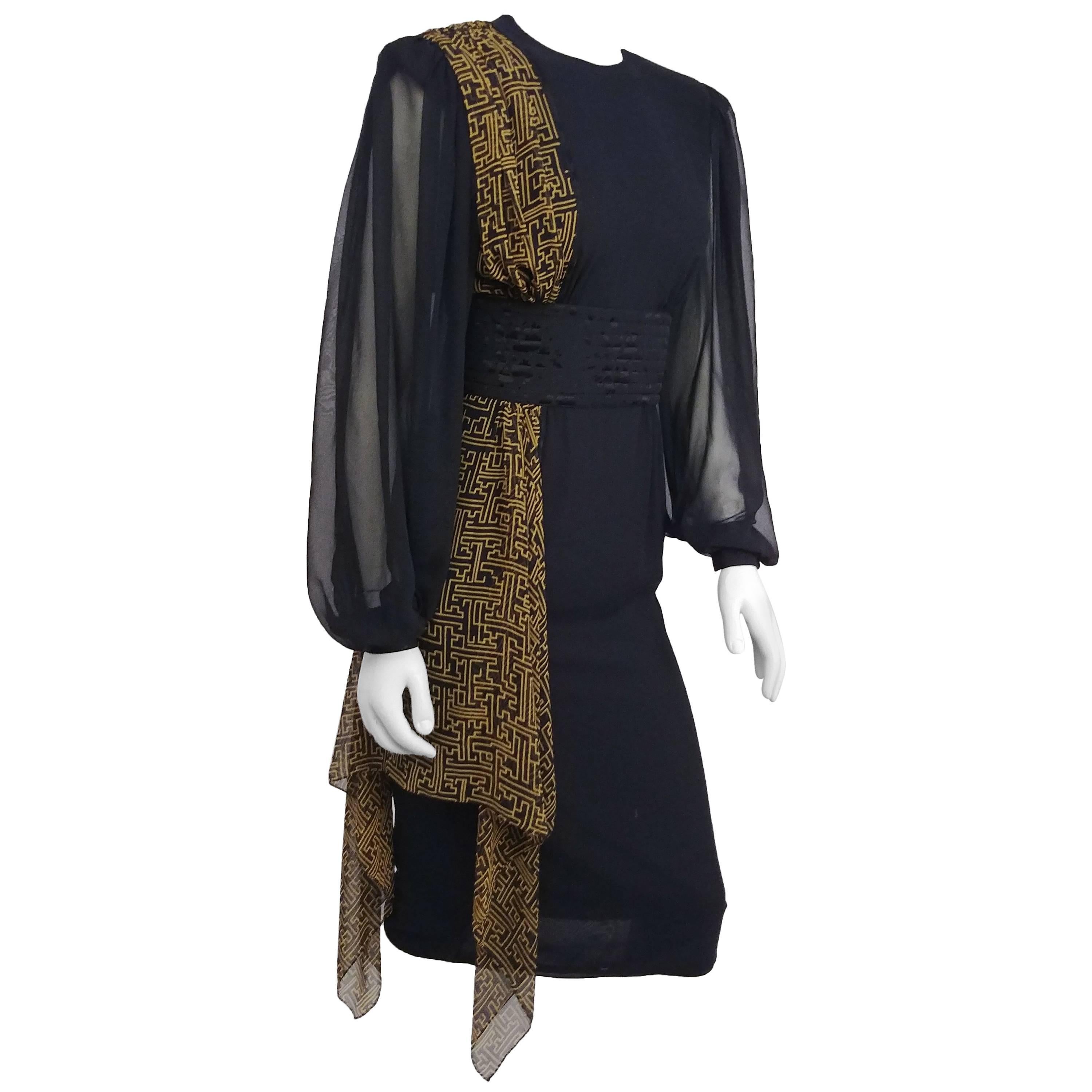 1980s Black Asymmetric Draped Chiffon Dress