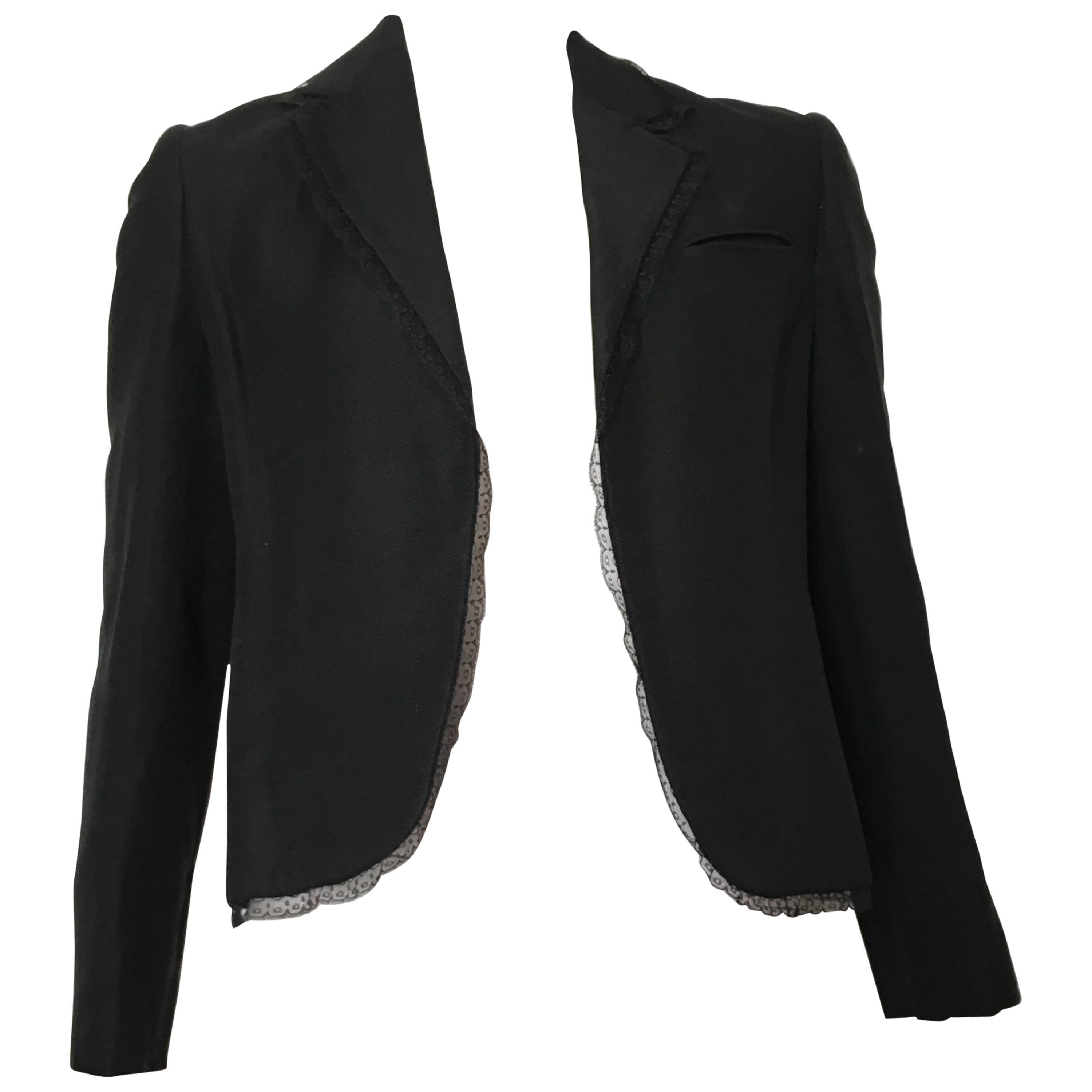 Bill Blass 1980s Black Linen with Lace Trim Jacket Size 8. For Sale