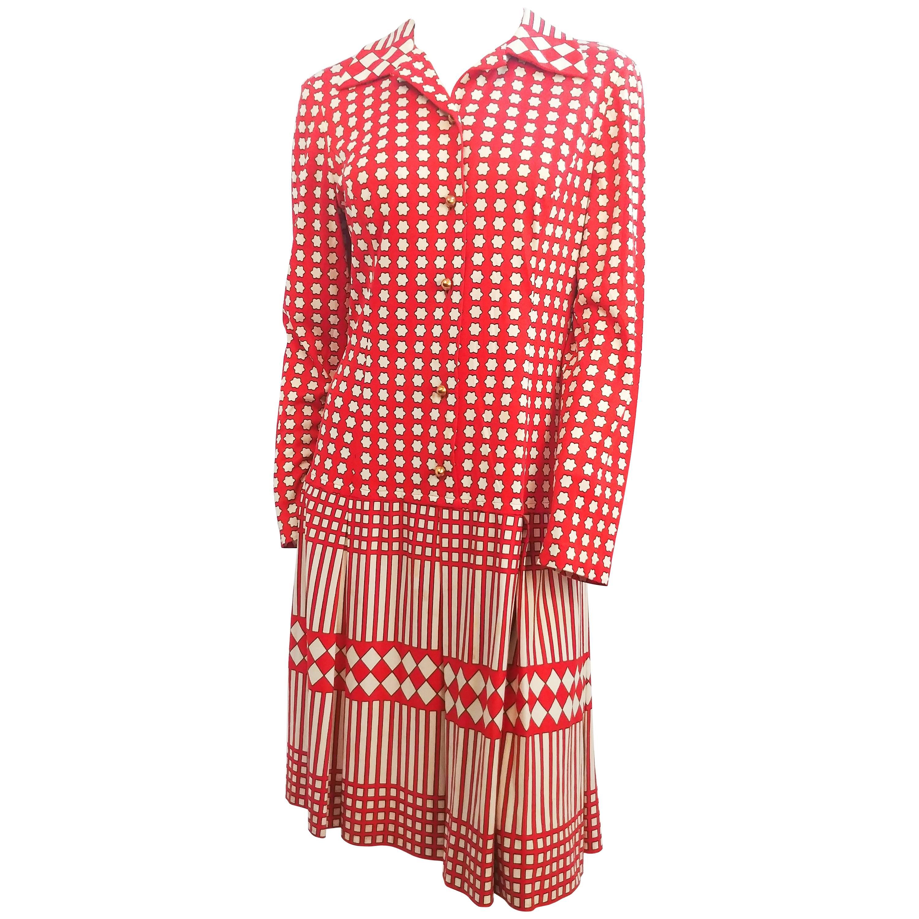 1960s Red & White Print Drop Waist Dress