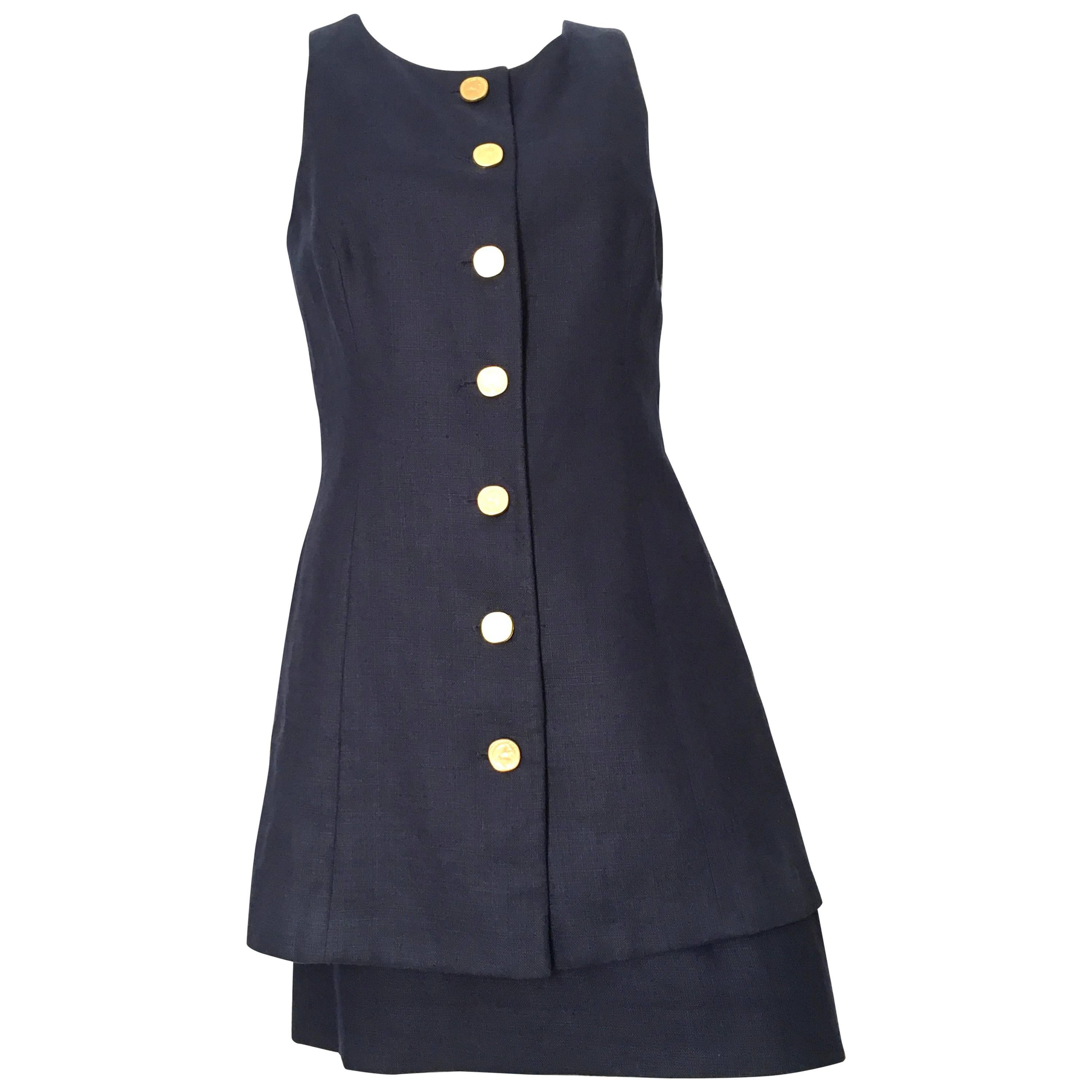 Arnold Scaasi 1980s Navy Linen Jacket & Skirt Set Size 8. For Sale