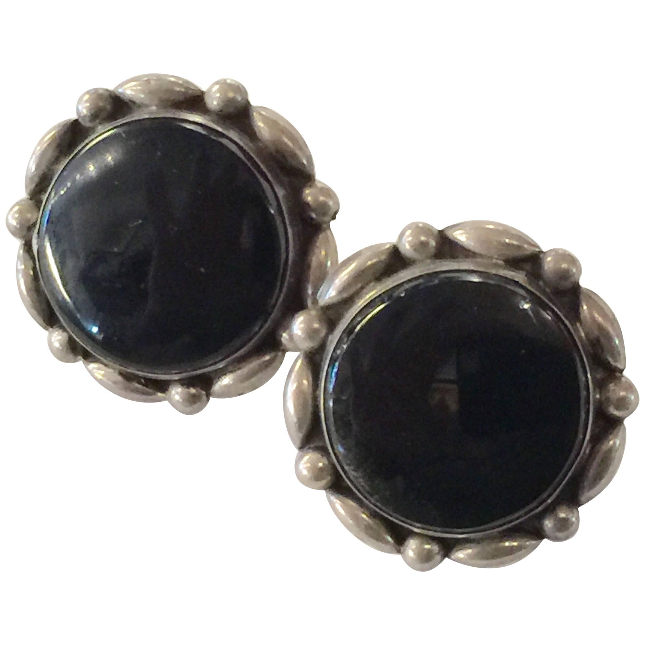 Mexican Sterling LEY Onyx Round Screwback Earrings For Sale