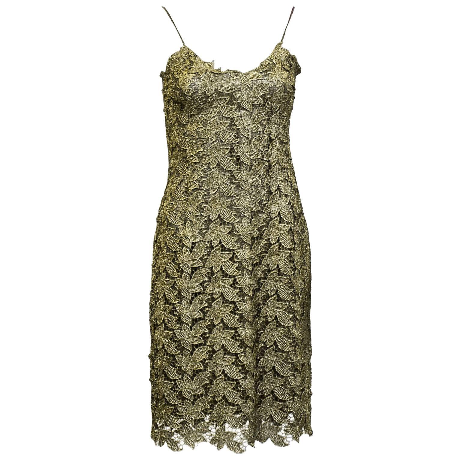 1980s Gianni Versace Gold Lace Slip Dress 